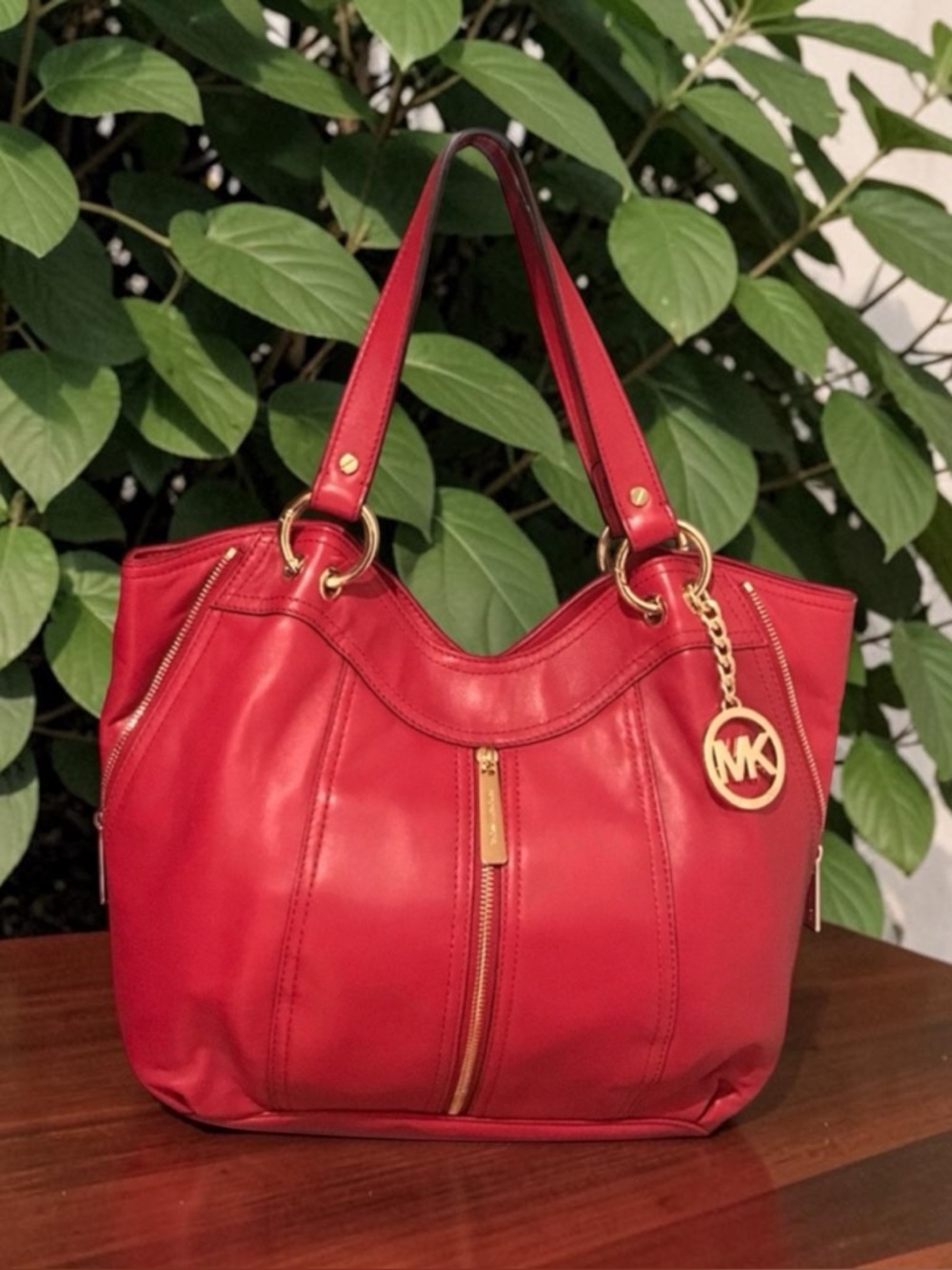 Michael Kors vibrant red  Pebbled Leather Shoulder Bag with Gold Accents